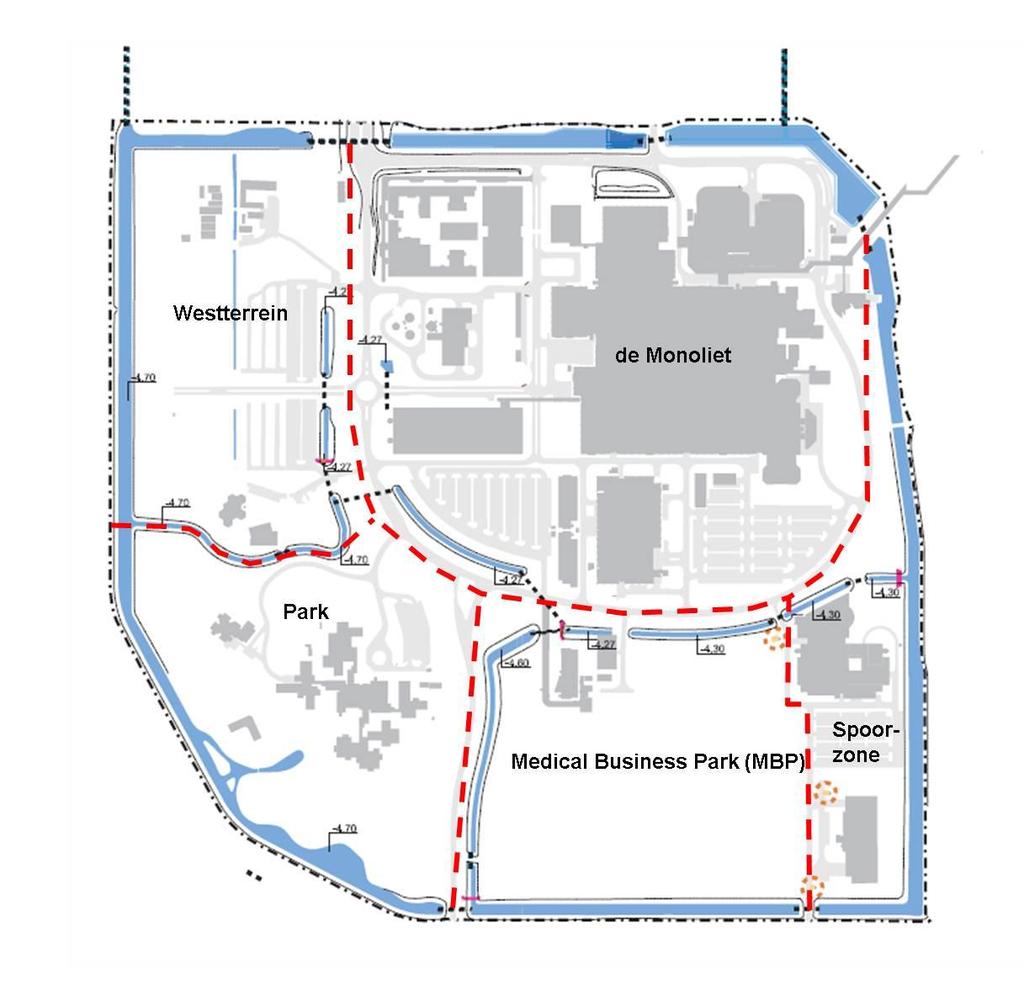3. Huidige situatie 3.1 Beschrijving deelgebieden Binnen het AMC worden vijf deelgebieden onderscheiden: 1. Het Westterrein is grotendeels onbebouwd en ligt braak.