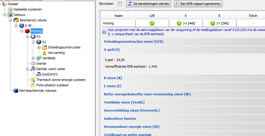 10 U vindt het S-peil voor woongebouwen onder de knoop van de EPW-eenheid in de energetische boomstructuur.