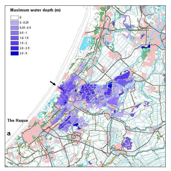 Bij een doorbraak bij Katwijk bij huidig zeepeil houden de boezemkaden het overstroomde areaal beperkt, maar als de zee zo n 1,3 meter hoger komt te staan door klimaatverandering lopen ze haast