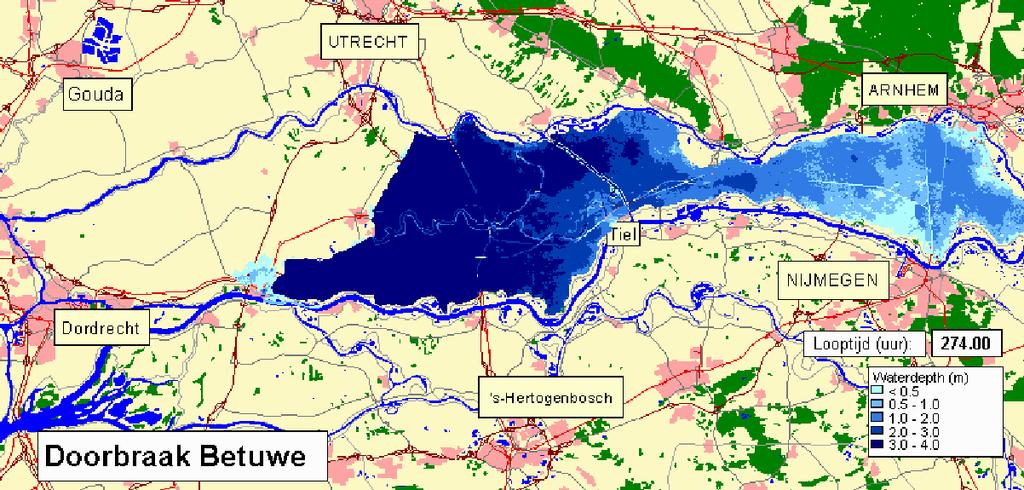 In een groot deel van het westen van de Betuwe is het dan meer dan 3 m diep, en in Gorkum-Oost veel dieper. Figuur 3.15 Overstromingsbeeld van Betuwe na ca.