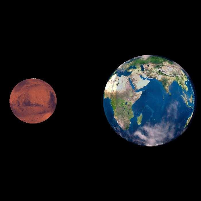 Figuur 2: Vergelijking van de buitenkant van de Aarde en van Mars. Ook de mogelijkheid dat er op Mars buitenaards leven heeft bestaan verklaart de grote belangstelling van de mens voor deze planeet.