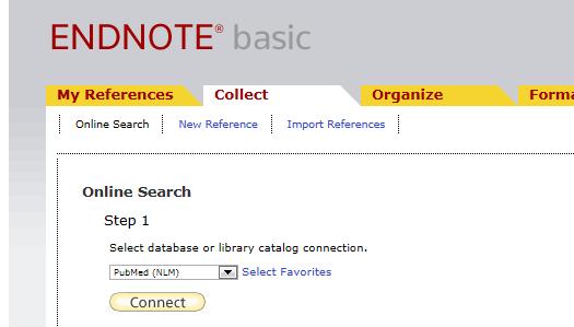Online search Ga in Endnote via het tabblad Collect naar Online search. Bij stap 1 geef je aan in welke databank je wilt zoeken.