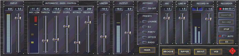 worden. Optioneel kan het display van de equalizer vervangen worden door de recorder door op de toets te klikken. Het mengpaneel mengt alle int erne en ext erne audiobronnen.