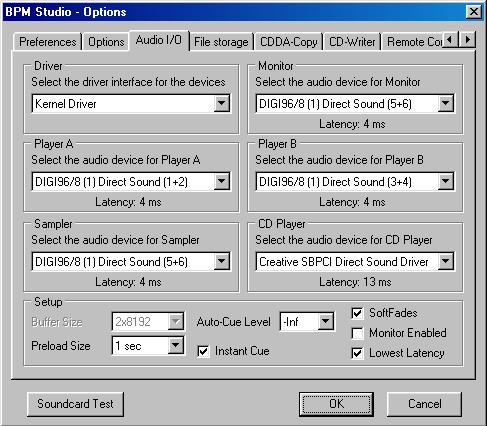 Programma opties BPM Studio 3.19.3.Audio I/O Configuratie van de geluidskaart Driver Hier wordt de driver geselecteerd (Direct Sound, WAVE, ASIO, EASI of Kernel Driver ).