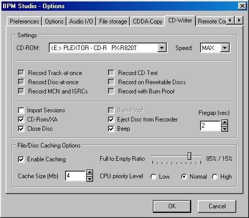 Programma opties 3.19.6. CD Schrijver Aanpassen van de Recorder parameters CD-ROM Selecteer een Recorder uit de lijst van al de beschikbare Recorders in het systeem.