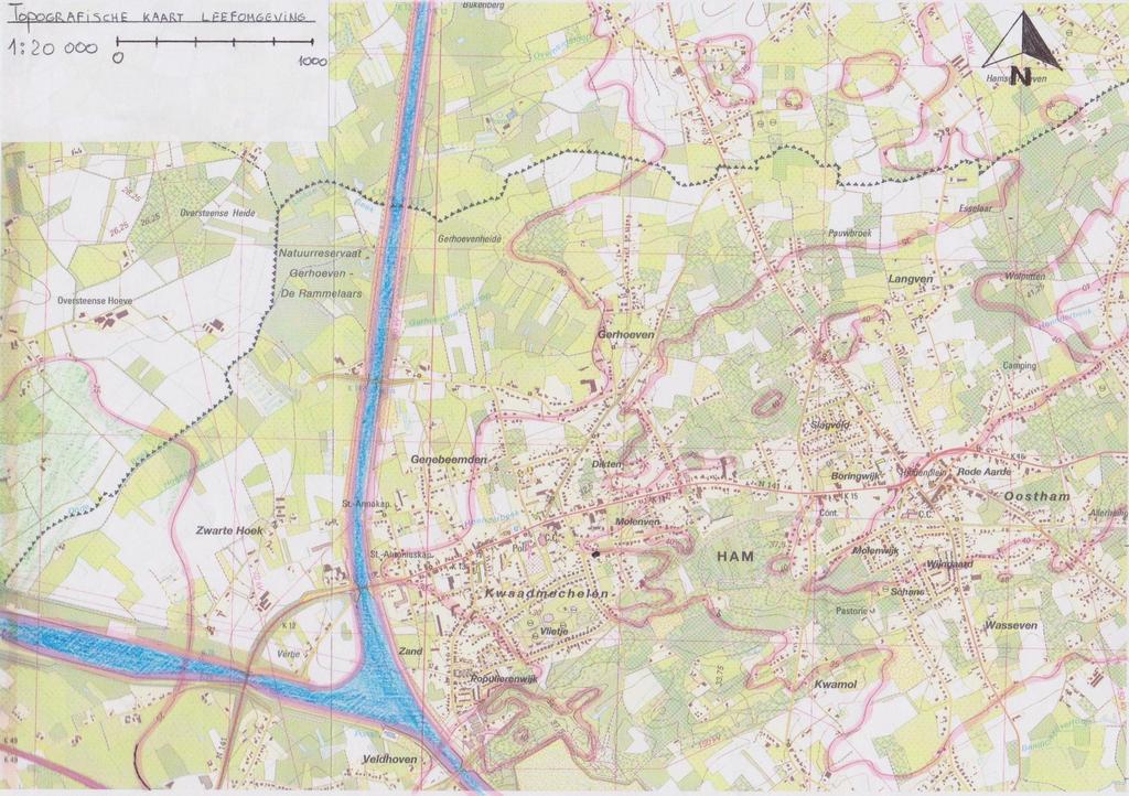 Gemeten op een stafkaart, getekend op dit document 1= Visvijvers = 1360m 2= Woning