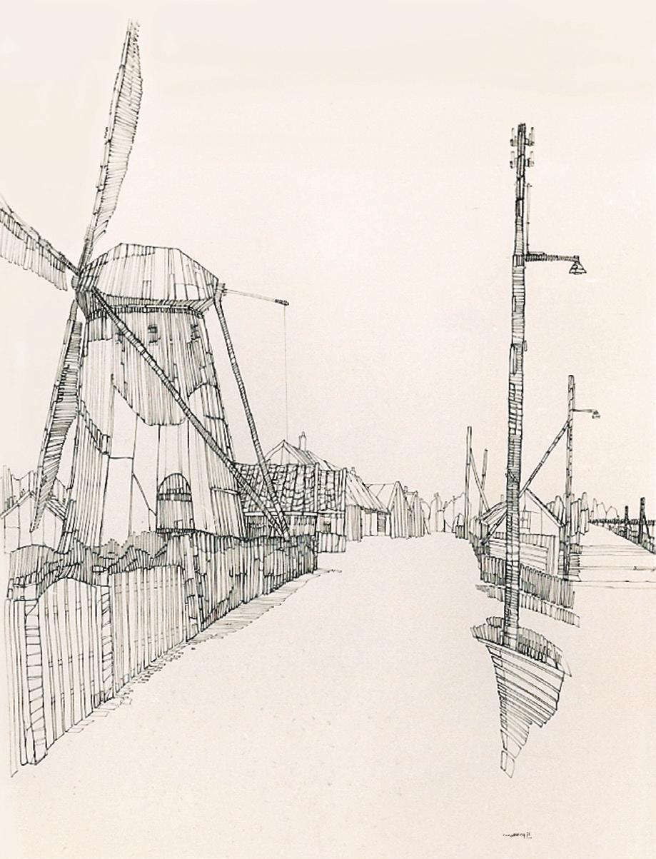 In 1973, tijdens het tekenen van een aantal landschappen in Rijsoord in Zuid-Holland ontdekte ik dat vertikaal tekenen en restvormen te zien als beeldelementen, voor mij de oplossing was voor veel