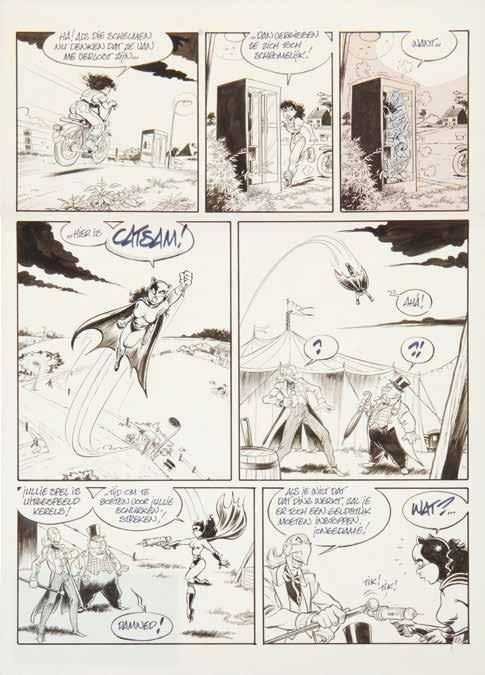 2218* Jan Bosschaert. Originele tekenplaat uit het verhaal Circus Campioni uit de reeks Sam. Gerealiseerd in 1995. Oost-Indische inkt op papier. 2219 Ken Broeders.
