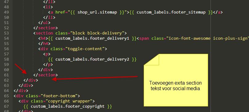 Je gaat nu naar Vormgeving > Template Editor en gaat via de mappenstructuur naar Shared > Map _footer.liquid. Hier gaan we zo de aangepaste code aan de bestaande code toevoegen.