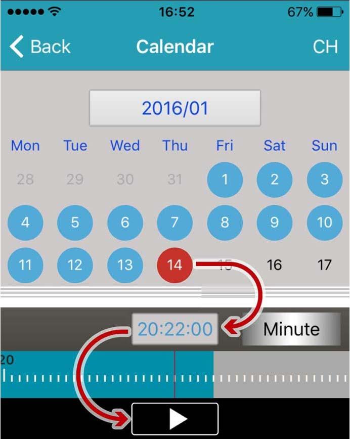 Selecteer een datum op de kalender en schuif de tijdsbalk naar de gewenste tijd. 2.