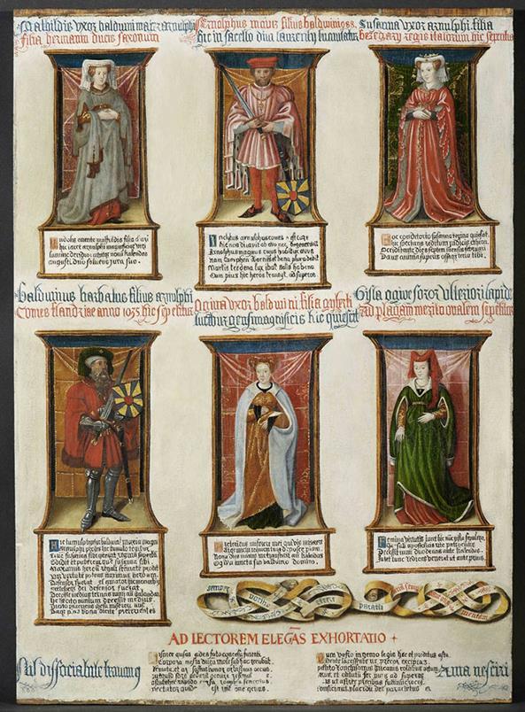 Afbeelding met enkele graven en gravinnen van Vlaanderen. Links onderaan staat Boudewijn IV, de stamvader van de Baldwinen.