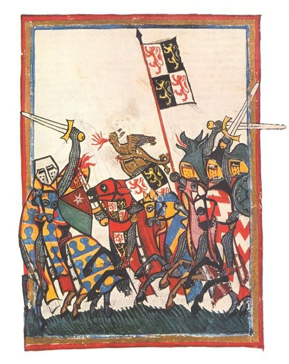 Afbeelding van de Slag bij Woeringen (5 juni 1288) uit de Codex Manesse (1305-1340).