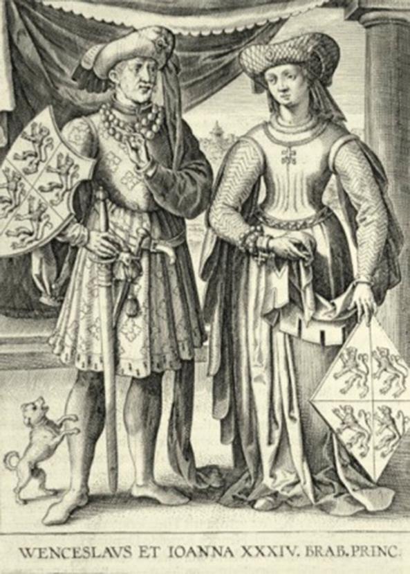 Op de afbeelding Hertogin Johanna van Brabant samen met haar echtgenoot Wenceslas, graaf en erfhertog van Luxemburg.