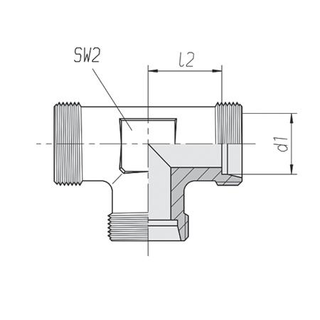 TS snijringkoppelingen T-Verbindingskoppelingen TS en TS -M+D T-verbindingskoppeling. Pijpaansluiting aan alle drie de zijden volgens DIN 2353 / ISO 8434-1. Oppervlaktebehandeling: zink nikkel.