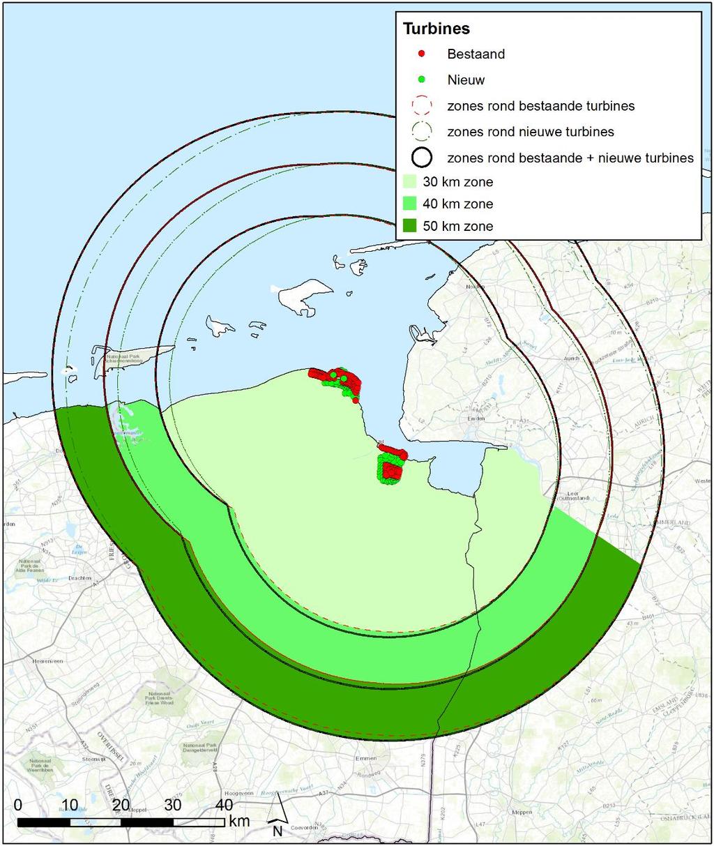 Figuur 4 Catchment areas voor de bepaling van populaties vleermuizen binnen een straal van 30, 40 en 50 km van de windparken in de Eemshaven en Delfzijl.