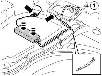 73 Plaats de ipod-adapter op de klittenband, zodat het contact van de Melbus-kabel in de verdieping bij de kabelgoot terechtkomt en niet wordt gebroken. Druk de adapter goed vast.
