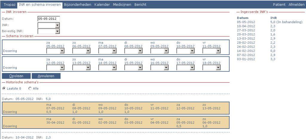 6. INR invullen zonder schema Hoewel het mogelijk is dat een Zelfmanagement patiënt alleen een INR invoert zonder een schema, bijvoorbeeld als het zelfdoseren om de één of andere reden niet lukt,