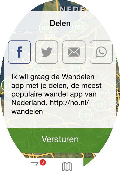 Pas het voorgedrukte bericht aan indien wenselijk en kies een wijze van versturen van een bericht (Facebook, Twitter, e- mail, WhatsApp). Druk ten slotte op "Versturen".