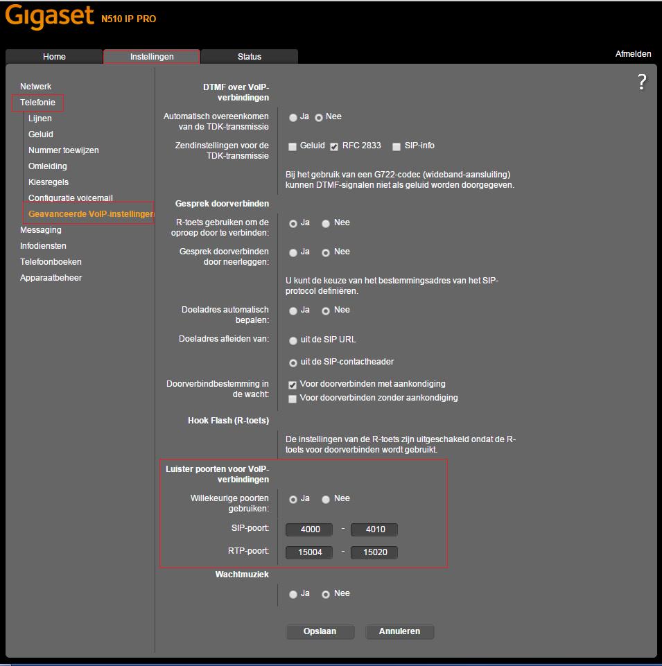 Gigaset: SIP-poort wijzigen 1. Druk op de blauwe knop op het basisstation. Uw handsets gaan rinkelen en het IP-adres verschijnt in beeld. 2. Vul het IP-adres in uw browser in. 3.