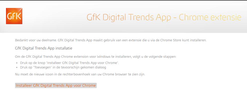 Google Chrome Als u GfK Digital Trends App heeft geïnstalleerd en u krijgt bovenstaand tabblad, volg dan de volgende stappen om de extensie van GfK Digital Trends App in te schakelen. 1.