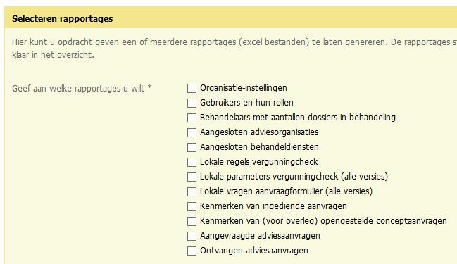 Deel 2: Omgevingsloket online beheren 5. Klik op 'Overzicht aangemaakte rapportages' om het overzicht te openen. 6. De aangemaakte rapportages staan in het overzicht.