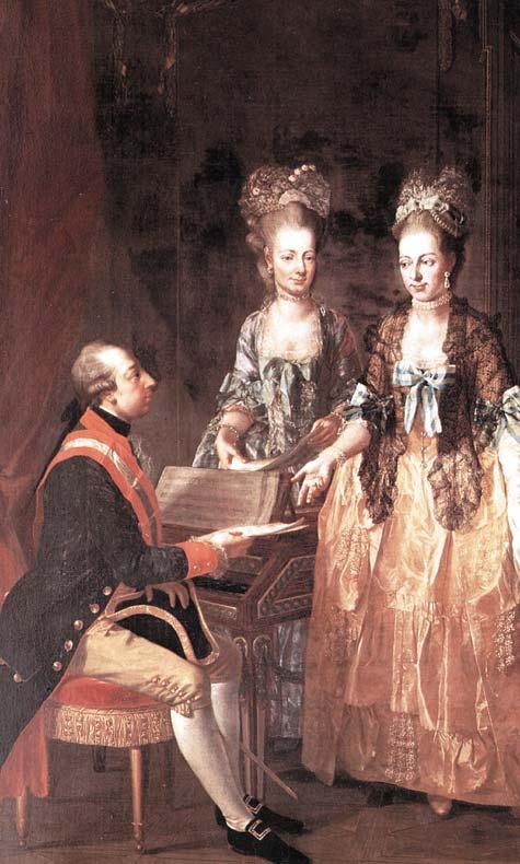 Keizer Joseph II musiceert met twee van zijn zussen. Schilderij van Joseph Hauzinger, voor 1780.
