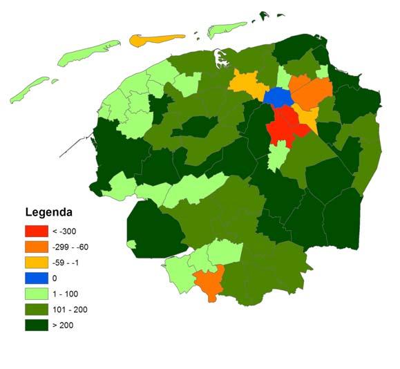 Figuur 4: Het saldo van de verhuizingen naar Groningen en vanuit Groningen per gemeente in Noord-Nederland over de periode 2007-2011 Top saldi van de Saldo ruime regio Positief saldo Emmen 735