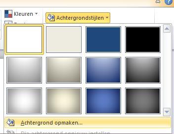 2) De achtergrond opmaken Je klikt bovenaan op het tabblad ontwerpen. Je krijgt dit scherm: Hier kan je enkele voorgeprogrammeerde lay-outs (en dus ook achtergronden) aanklikken.
