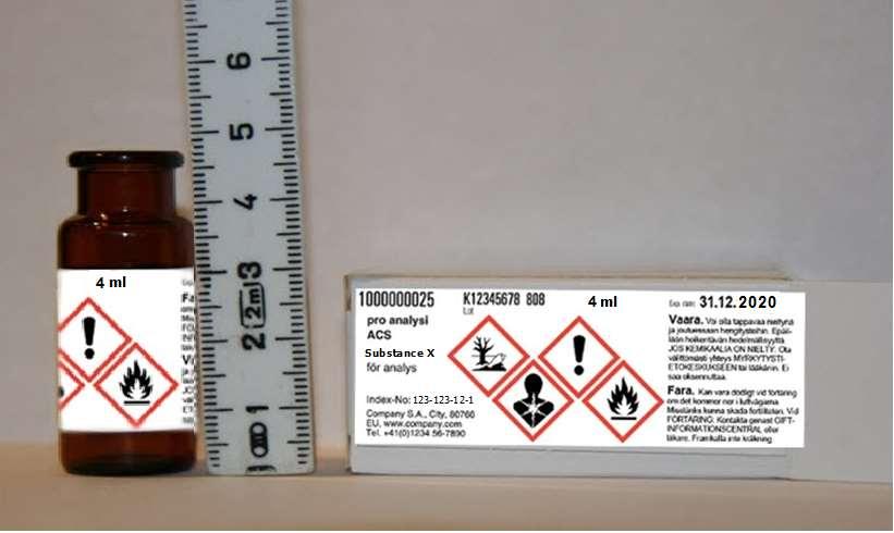 72 Richtsnoer voor etikettering en verpakking Als de werkelijke afmetingen van het etiket 32 x 95 mm zijn, kunnen er vier pictogrammen met de vereiste minimale grootte van 1 cm 2 op passen.