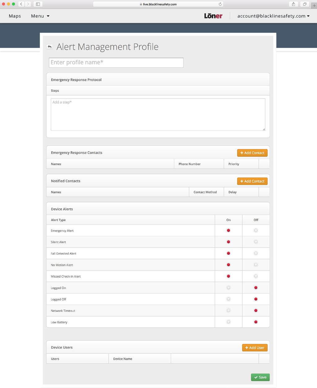 Geef uw protocol voor respons in noodsituaties in Dit zijn de stappen die monitoringpersoneel moet volgen wanneer een alarm is gegenereerd. Voeg contacten voor noodoproepen toe uit uw adresboek.