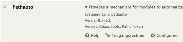 1. Download, installeer en activeer de module PathAuto (NEEM DE DRUPAL 8- VERSIE) 2. Je zal merken dat je de module niet kan aanzetten(??). De reden hiervoor: PathAuto werkt niet zonder Ctools en Token.