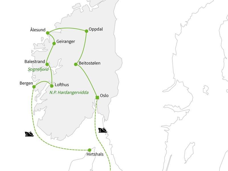 Dagprogramma Natuurparken & Fjorden Met je eigen auto rij je langs het prachtige Noorse hooggebergte en de legendarische fjorden.