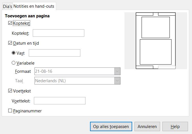 Afbeelding 9: Dialoogvenster Kop- en Voettekst - tabblad Notities en hand-outs Weergave Diasorteerder De weergave Diasorteerder (Afbeelding 10)