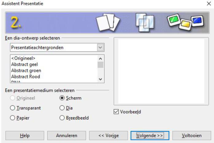 Afbeelding 13: Assistent Presentatie, stap 2 - Dia-ontwerp en presentatiemedium selecteren 3) Kies een ontwerp onder Een dia-ontwerp selecteren.