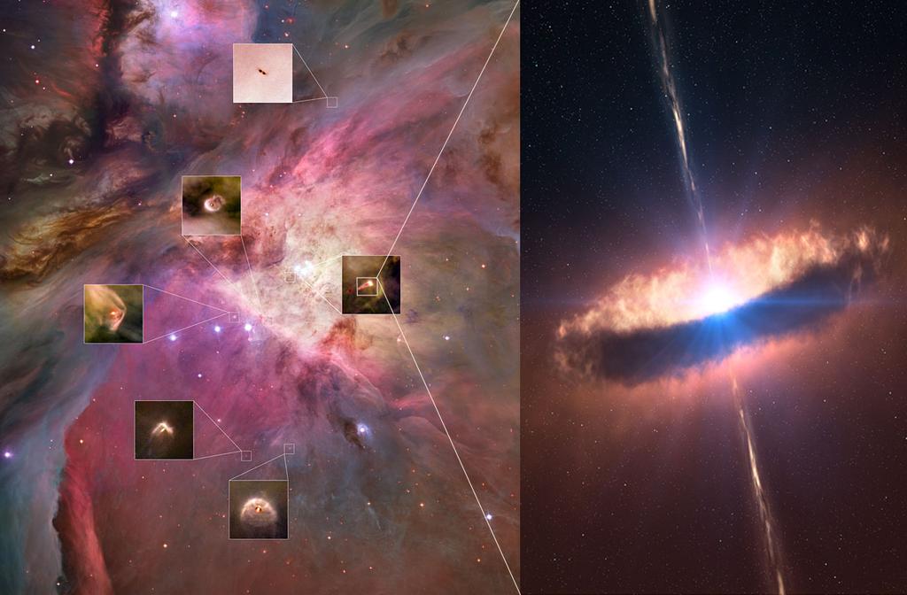 Chapter 6. Nederlandse samenvatting Figure 6.10: Links: Hubble telescoop waarneming van de Orion Nevel. In deze wolk van gas en stof worden honderden nieuwe sterren en planeten gevormd.