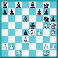 Dh8+ Pxh8 22.Txh8mat. 20.f4 8...Dc7 De logische voortzetting van Zwart s strategie. Als Zwart hier met 8...e5 voortzet, volgt er 9.e4 dxe4 10.Pxe4 Pxe4 11.Lxe4 exd4 12.cxd4 cxd4 13.
