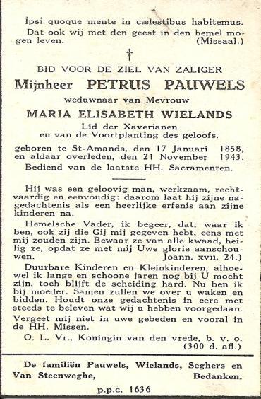 Hij huwt op 20 augustus 1890 met Wielandts Maria Elisabeth, geboren te Sint-Amands op 28 januari 1854, dochter van Wielandts Constantinus en