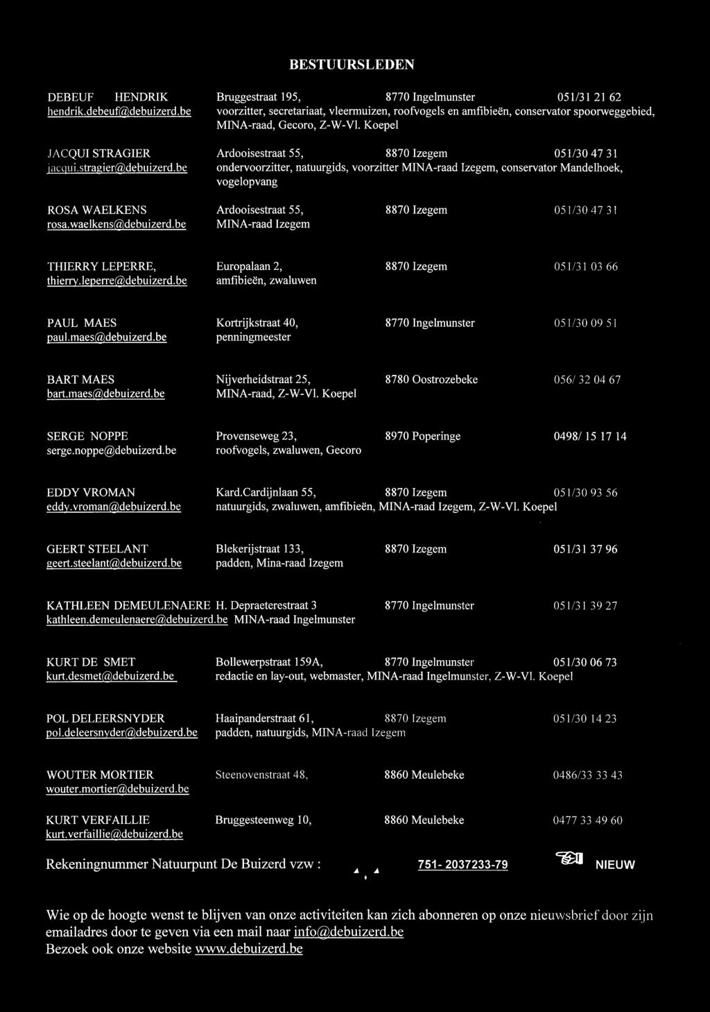 Koepel Ardooisestraat 55, 8870 Izegem 051/30 47 31 ondervoorzitter, natuurgids, voorzitter MINA-raad Izegem, conservator Mandelhoek, vogelopvang ROSA WAELKENS rosa.waelkens(&,debuizerd.