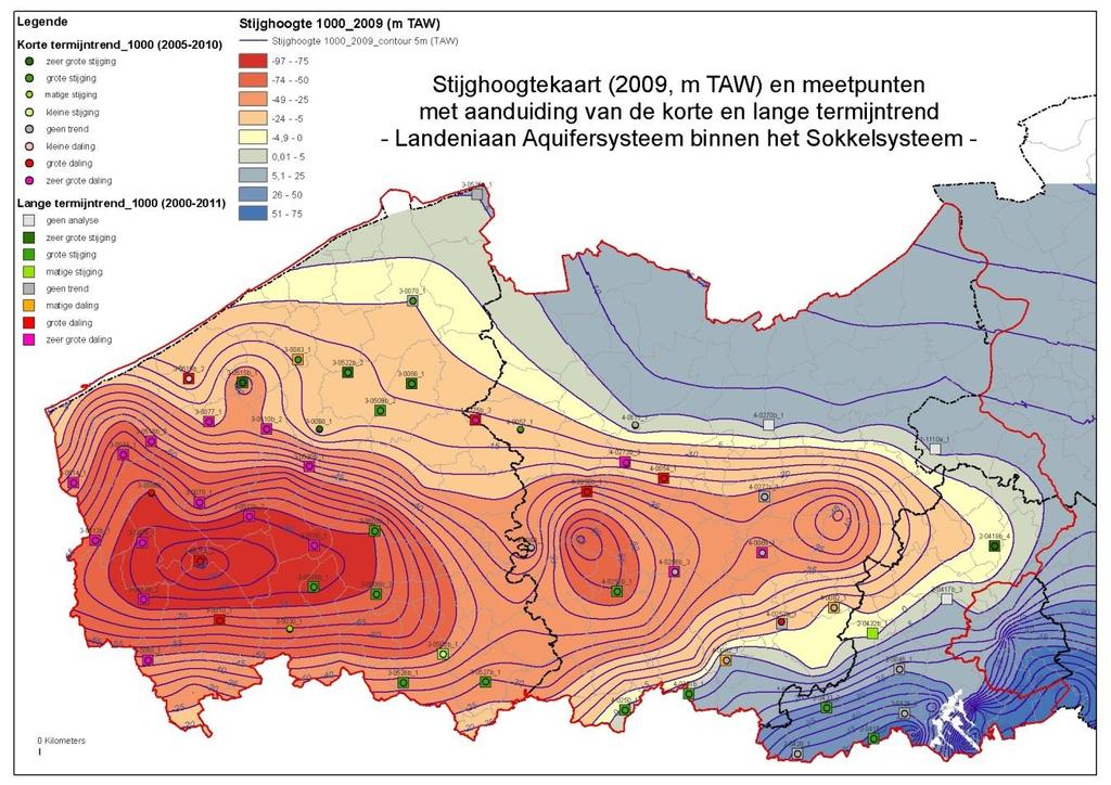 Paleoceen Aquifersysteem (Landeniaan Aquifersysteem), met aanduiding van de korte- en