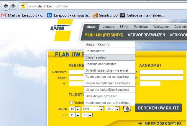 Kies in het menu bij MIJNLIJN (Reisinfo) voor de 3de mogelijkheid: dienstregeling.