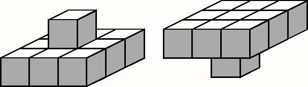 DRUK Van 10 aluminium kubusjes met ribbe 2,0 cm heeft men een voorwerp in elkaar gelijmd. Je kunt het voorwerp neerzetten zoals in nevenstaande tekeningen is weergegeven.