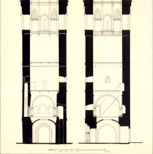 Doorsnede tekening van de toren uit 1925 van W. Scheepens waarin is weergegeven de inpandige trapstructuur naar de vermoedelijke St. Michaël kapel op de eerste etage.