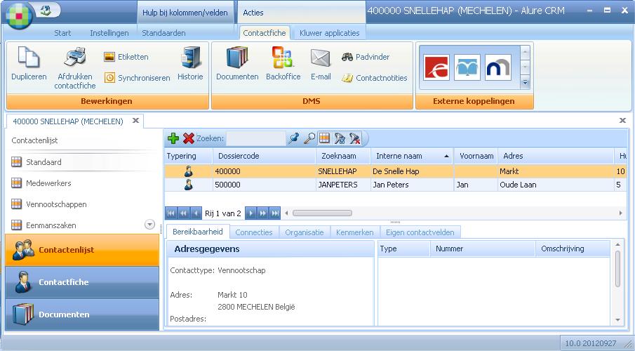 1.2 CRM Selecteer in Alure Desktop in het menu Start, de applicatie CRM. In de CRM module zijn er op verschillende plaatsen verwijzingen naar de DMS module.