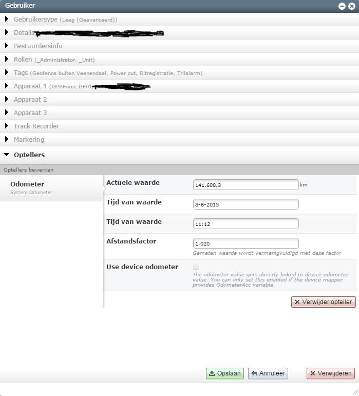 Kilometerstand invoeren Selecteer met rechter muisknop, de voertuignaam Selecteer, gebruiker bewerken Selecteer Optellers, voeg Opteller toe Vul de gegevens in Het afstandsfactor corrigeert het