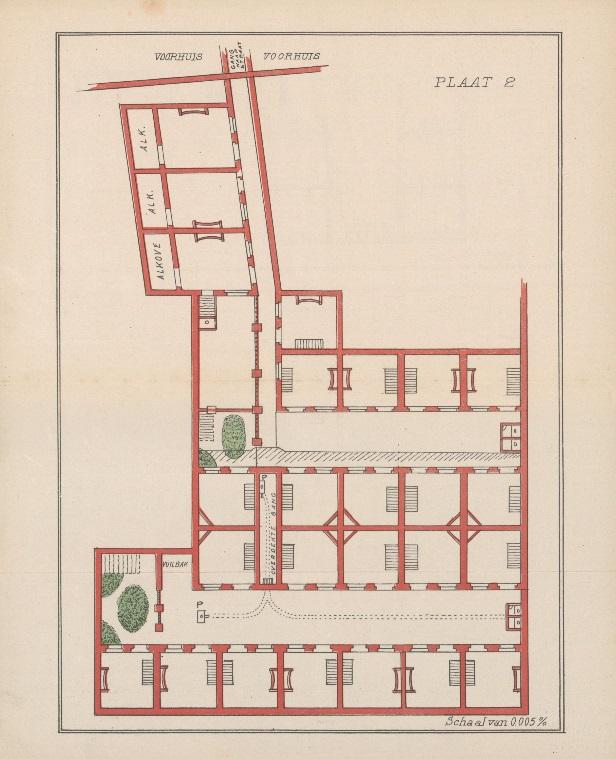 Bron 4: plattegrond van een beluik in Gent, 1904 Uit: De Buck, P. (1904), De beluiken binnen de stad Gent. Verslag over het onderzoek, gedaan ten jare 1904, Gent: drukkerij Karel Snoeck-Cools.