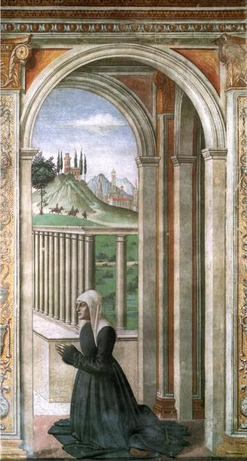 De beschermheilige, zijn vrouw Francesca Pitti. Op de voorgrond zit een vrouw in een biddende houding. Ze draagt een witte hoofddoek en een donker groene jurk. Ze zit in een gebouw, tussen twee bogen.