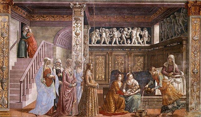 De geboorte van Maria Wat zien we op het fresco? De achtergrond bestaat uit twee delen, het eerste deel link, de trap en het tweede deel is de rechterkant, de kamer met versierde muren en het bed.