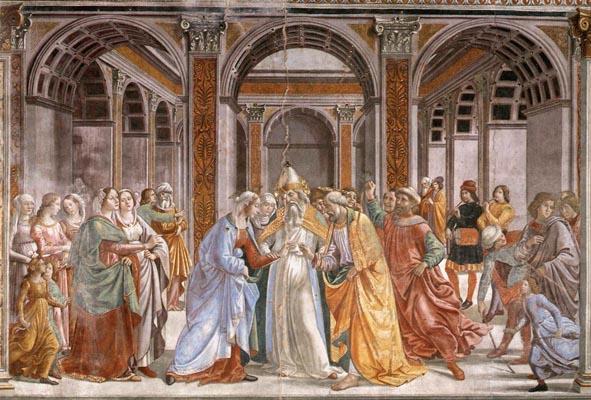 Verloving van Maria en Jozef Wat is er te zien op het Fresco? Je ziet in het centrale punt van het fresco drie figuren staan. Links is een vrouw in het blauw en een witte hoofddoek.