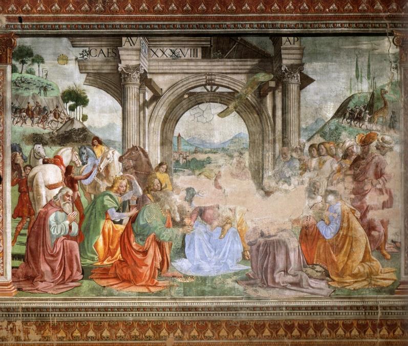 Aanbidding van de drie Wijzen Wat zien we op het fresco? Dit fresco is enigzins beschadigd, waardoor sommige beelden iets onduidelijker worden.