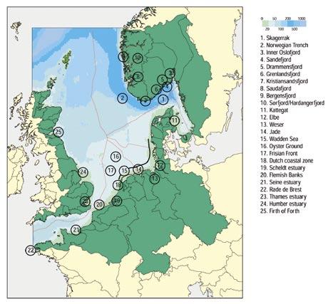 Integraal Beheerplan Noordzee 2015 pagina 4 Diepte Figuur 1.2 De Internationale Noordzee en de stroomgebieden van de rivieren die in de Noordzee uitmonden.